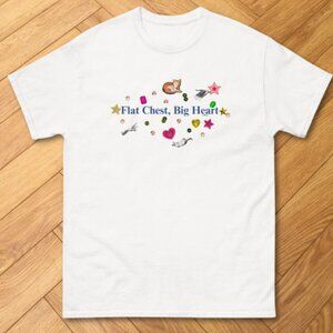 White Flat Chest Big Heart Cat & Stars Graphic Positive Tee